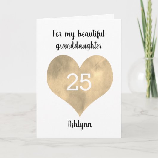 Gold Watercolor Heart 25th Birthday カード (正面)
