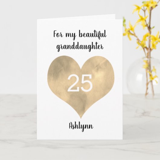 Gold Watercolor Heart 25th Birthday カード (黄色い花)