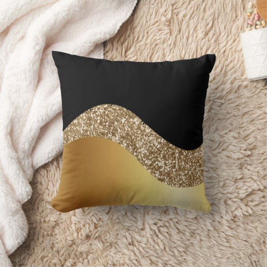 Gold Wave and Glitter on Black クッション (ブランケット)
