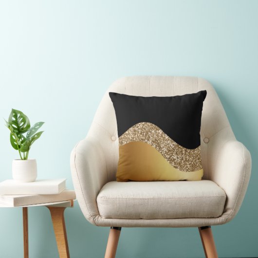 Gold Wave and Glitter on Black クッション (椅子)