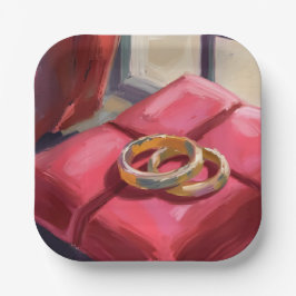 Gold Wedding Rings Watercolor Painting Red ペーパープレート