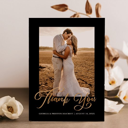 Gold Wedding Thank You Photo Card Minimal Script サンキューカード