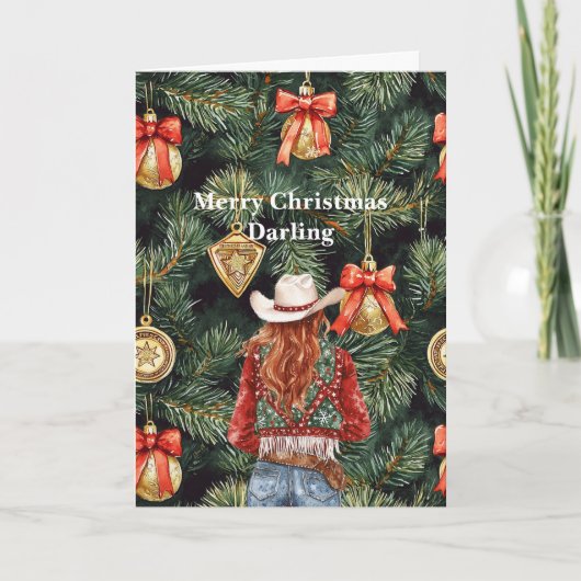 Gold Western Red Hair Cowgirl Christmas  カード (正面)