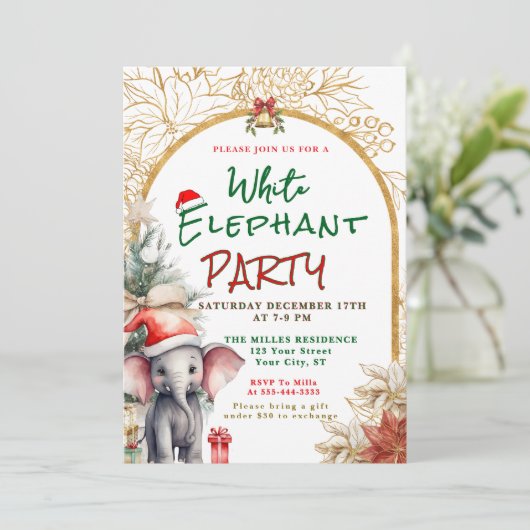 Gold, White And Green White Elephant Gift Exchange 招待状 (スタンド正面)