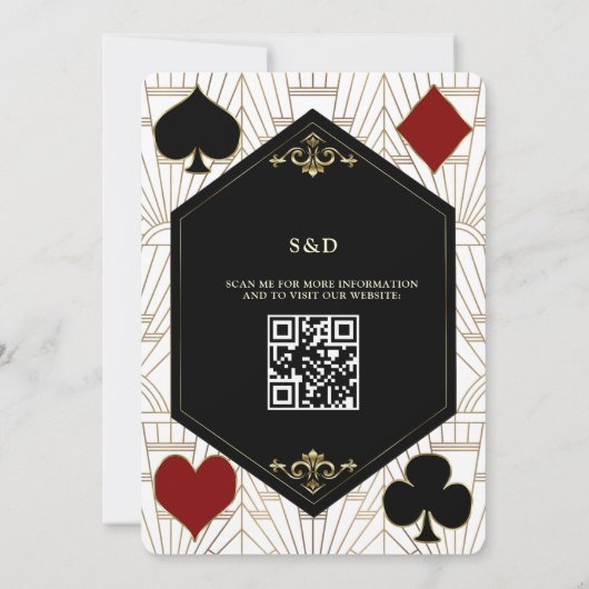 Gold White Art Deco Casino QR Code Gatsby Wedding 招待状 (裏面)