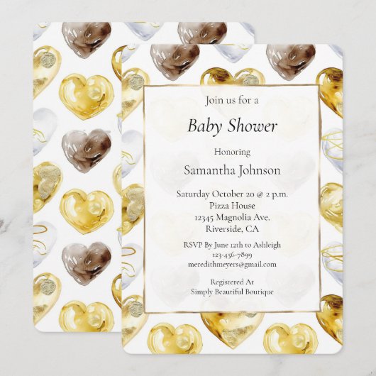 Gold White Chocolate Hearts Baby Shower 招待状 (正面/裏面)
