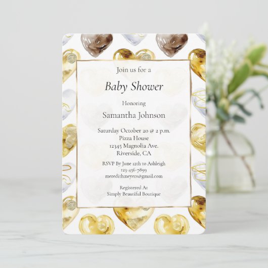 Gold White Chocolate Hearts Baby Shower 招待状 (スタンド正面)