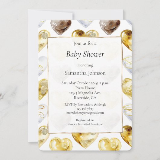 Gold White Chocolate Hearts Baby Shower 招待状 (正面)