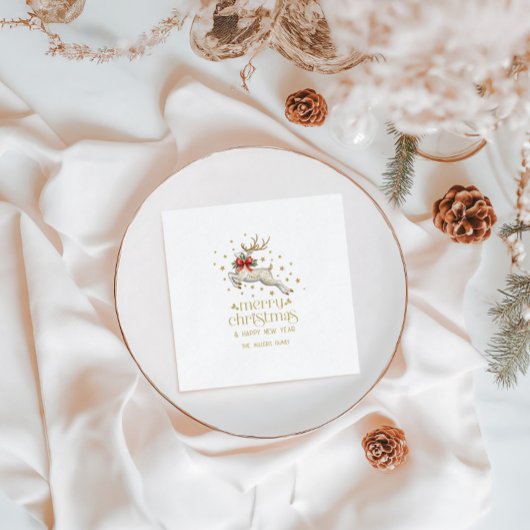 Gold White Christmas Reindeer スタンダードカクテルナプキン