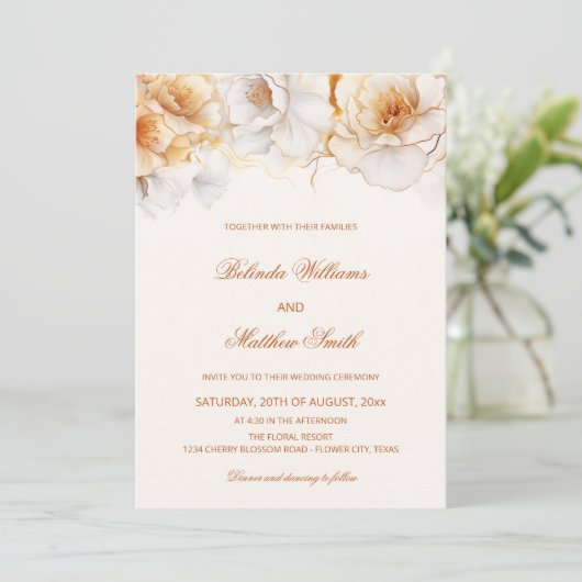 Gold White Flowers Wedding 招待状 (スタンド正面)