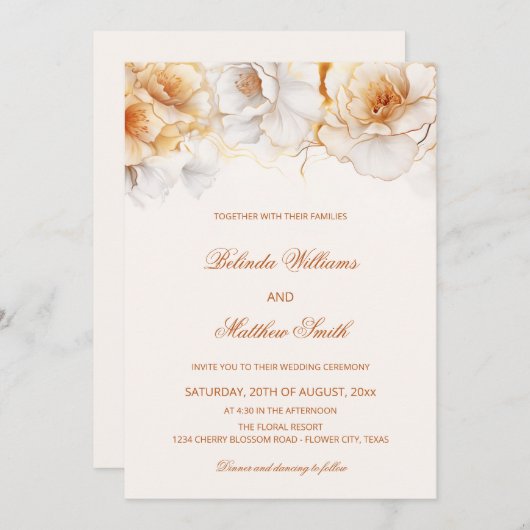 Gold White Flowers Wedding 招待状 (正面/裏面)