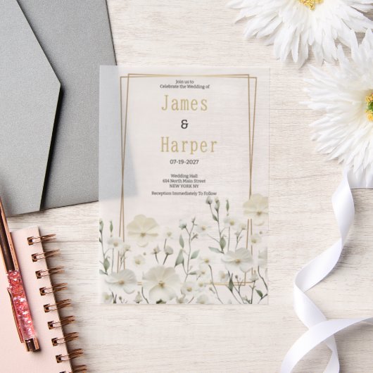 Gold white mint delicate floral Wedding ベラム紙招待状 (ウェディング)