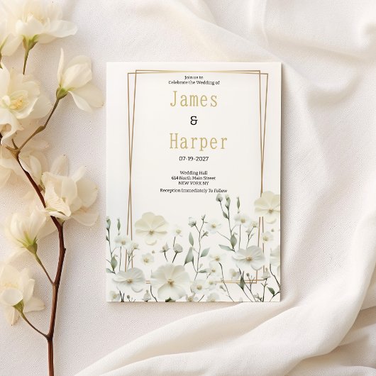 Gold white mint delicate floral Wedding 招待状