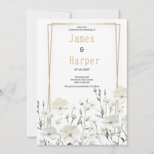 Gold white mint delicate floral Wedding 招待状 (正面)