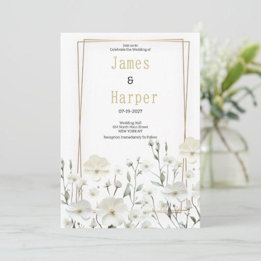 Gold white mint delicate floral Wedding 招待状 (スタンド正面)