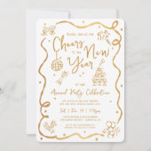 Gold White New Year Cheer Hand Drawn Sketch Party 招待状 (正面)