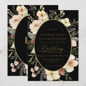 Gold Winter Black Flora Botanical Monogram Wedding 招待状 (正面/裏面)