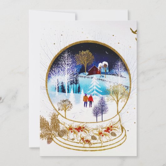 Gold Winter Eve Couple Snowglobe Forest Home シーズンカード (正面)