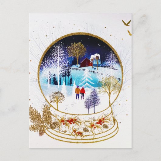 Gold Winter Eve Couple Snowglobe Forest Home シーズンポストカード (正面)
