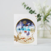 Gold Winter Eve Couple Snowglobe Forest Home 案内ポストカード (スタンド正面)