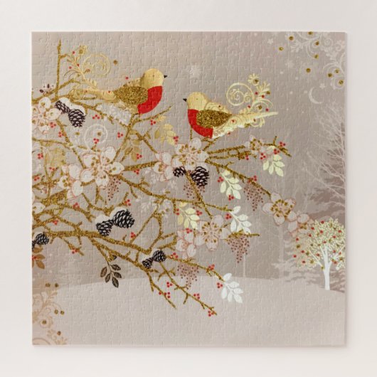 Gold Winter Snow Birds Country Christmas ジグソーパズル (縦)