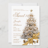 Gold Winter Wonderland Bow Sweet 16 Birthday Party 招待状 (正面)