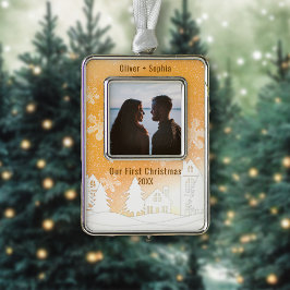 Gold Winter Wonderland Snowy Houses Photo シルバープレートフレームオーナメント