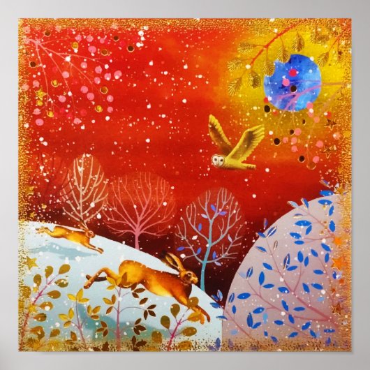 Gold Winter Woodland Rabbit Owl Watercolor ポスター (正面)