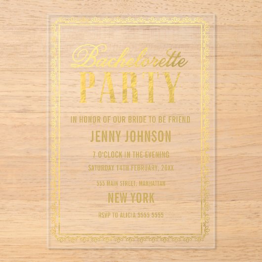 Gold Womens Bachelorette Evening Party Invite アクリル招待状 (正面)