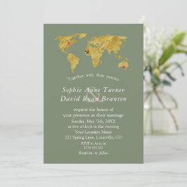 Gold World Map Destination Sage Green Wedding 招待状