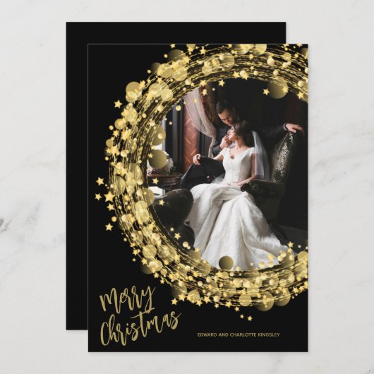 Gold Wreath on Black Merry Christmas Photo シーズンカード (正面/裏面)