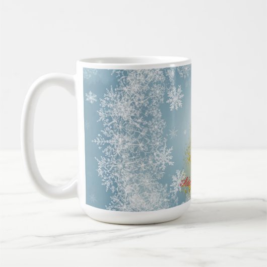 Gold Xmas Tree Mug with Snowflakes – Customizable  コーヒーマグカップ (左)