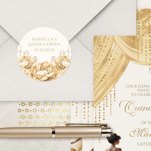 Gold Yellow Floral Elegant Quinceanera ラウンドシール