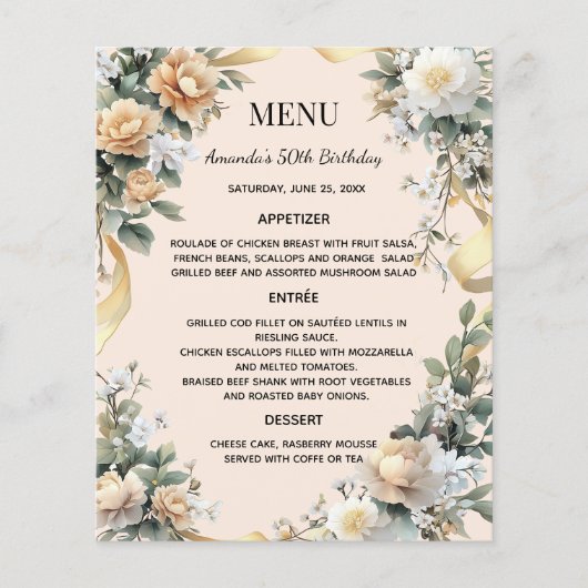Gold yellow florals ribbon menu card (正面)