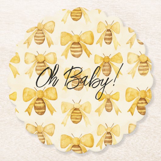 Gold Yellow Honey Bees Bows Baby Shower ペーパーコースター (正面)