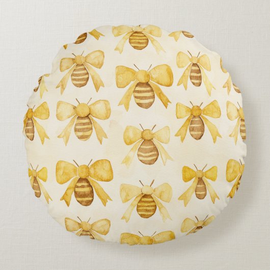Gold Yellow Honey Bees Honey Combs ラウンドクッション (正面)