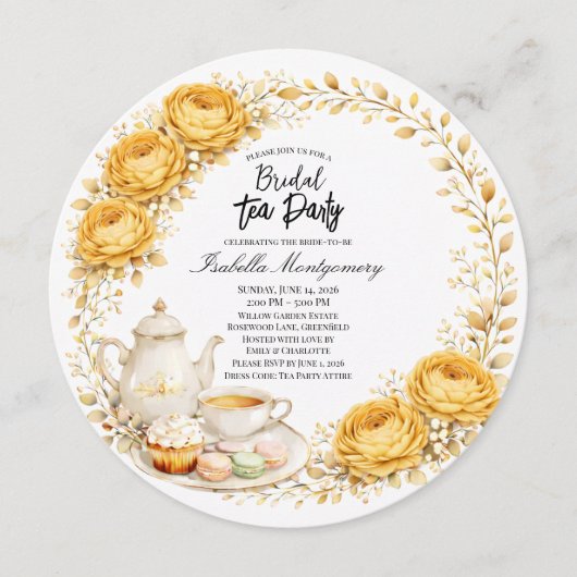 Gold Yellow Palette Tea Party Bridal Shower 招待状 (正面)