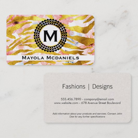 Gold Zebra Pattern | Pink Flowers 名刺 (正面/裏面)