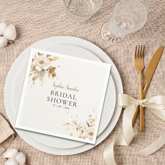 Golden and Beige Watercolor Flowers Bridal Shower スタンダードカクテルナプキン