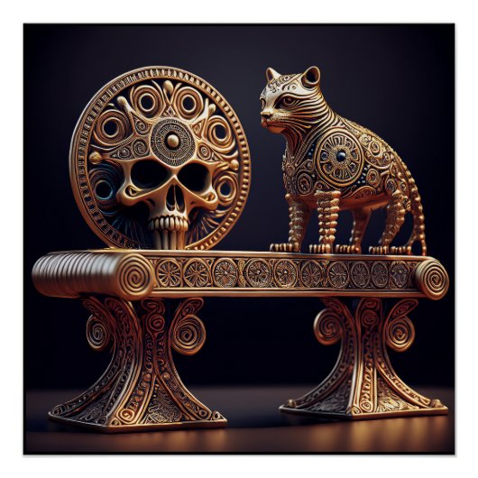 Golden Android Cat On Pedestal With Skull Shield ポスター (正面)