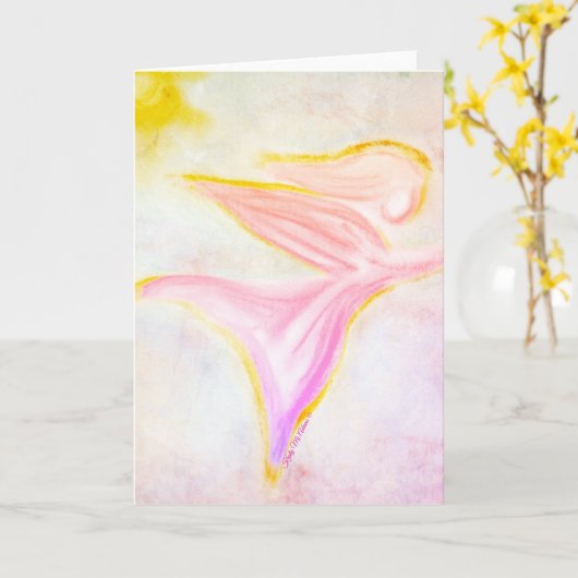 Golden Angel in Flight – Sun Pink Sky Greeting カード (黄色い花)
