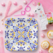 Golden Arabesque Elegant Blue Floral Mosaic  ペーパープレート (パーティー)