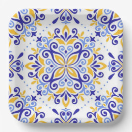 Golden Arabesque Elegant Blue Floral Mosaic ペーパープレート