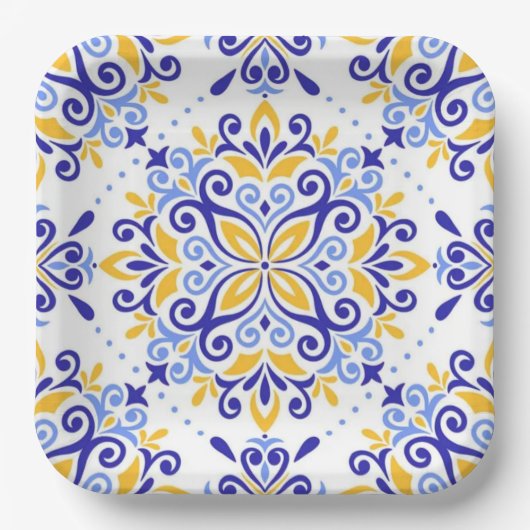 Golden Arabesque Elegant Blue Floral Mosaic  ペーパープレート (正面)
