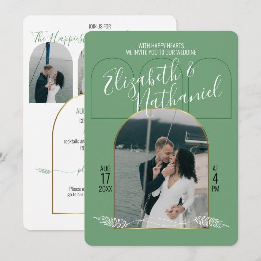 Golden Arch Boho Script Green Photos Custom 招待状 (正面/裏面)