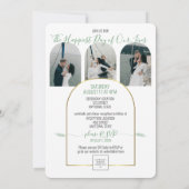 Golden Arch Boho Script Green Photos Custom 招待状 (裏面)