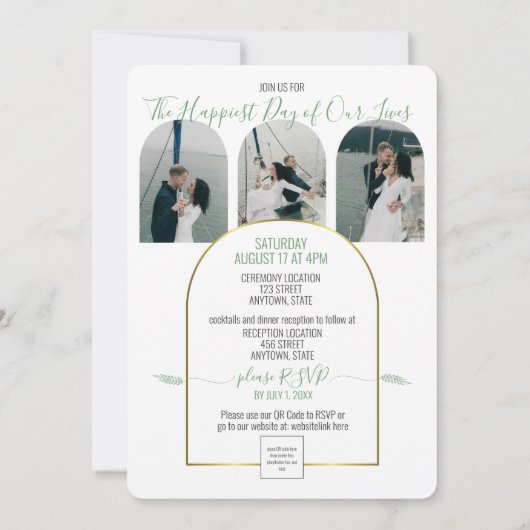 Golden Arch Boho Script Green Photos Custom 招待状 (裏面)