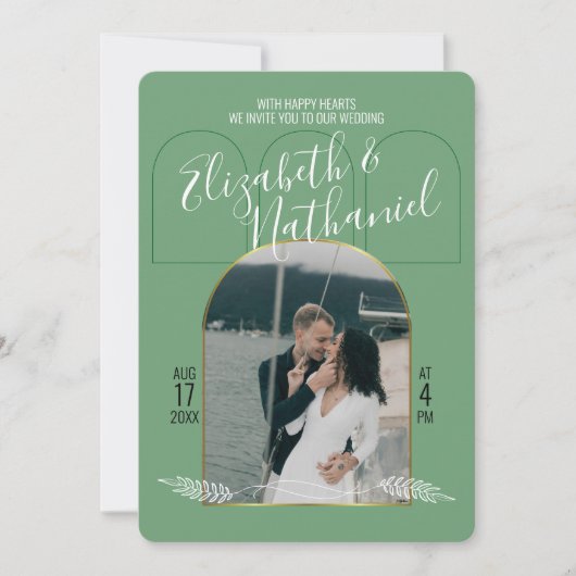 Golden Arch Boho Script Green Photos Custom 招待状 (正面)