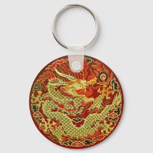 Golden asian dragon embroidered on dark red キーホルダー