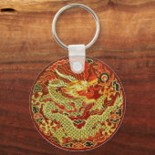Golden asian dragon embroidered on dark red キーホルダー (正面)